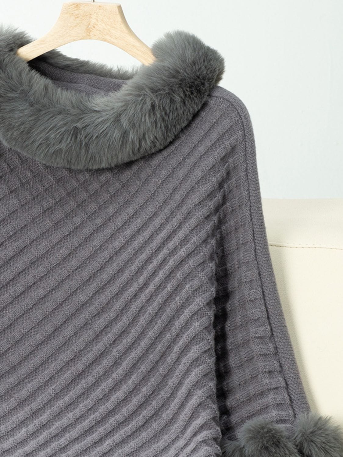 Fuzzy Trim Texture Three-Quarter Sleeve Poncho - Trendsi