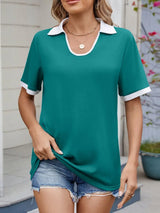 Contrast Trim Collar Short Sleeve Casual T-Shirt - Trendsi - Flyclothing LLC