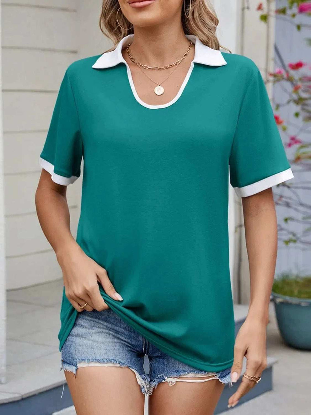 Contrast Trim Collar Short Sleeve Casual T-Shirt - Trendsi - Flyclothing LLC