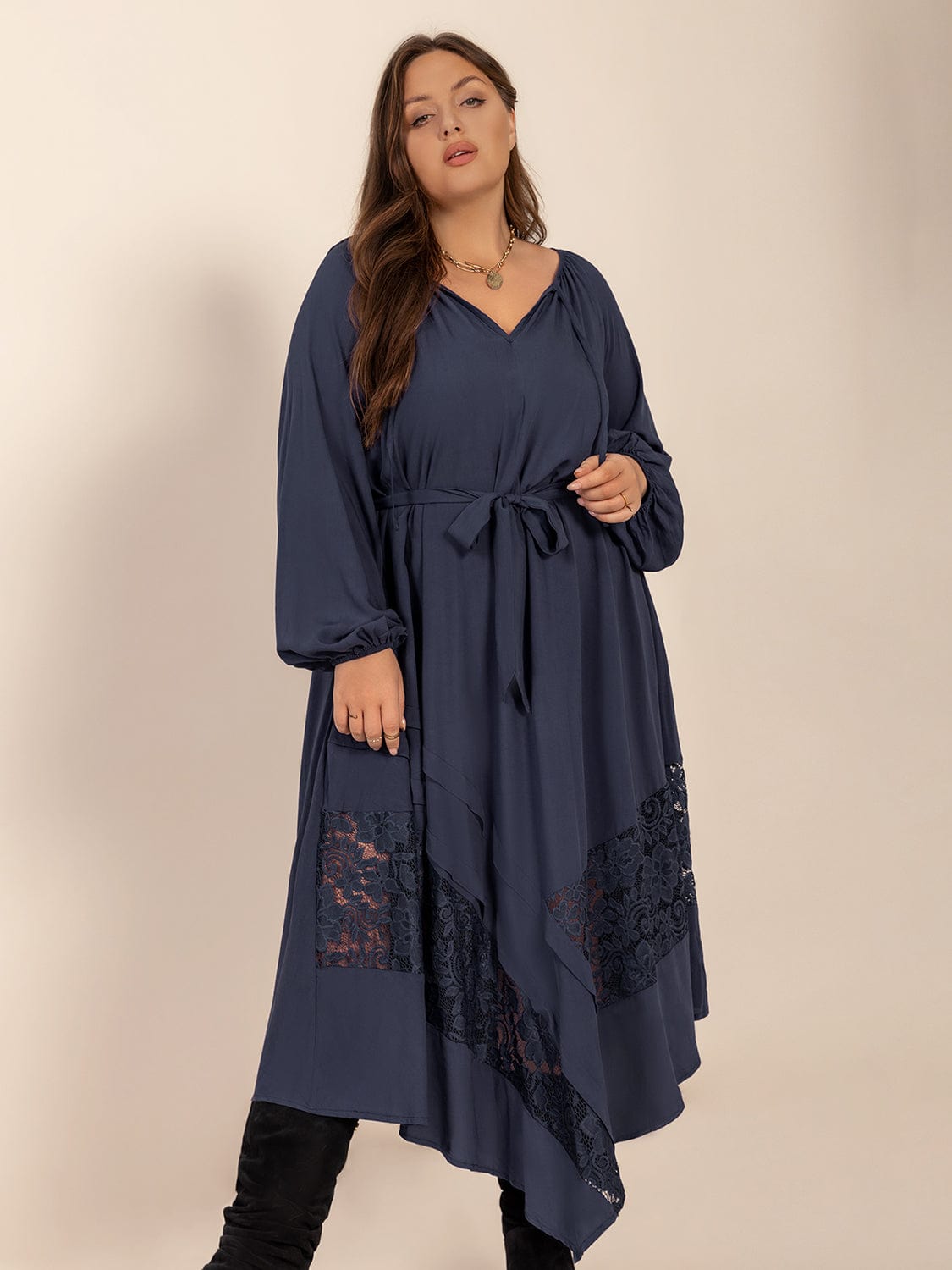 Plus Size Lace Detail Tie Neck Long Sleeve Midi Dress - Trendsi