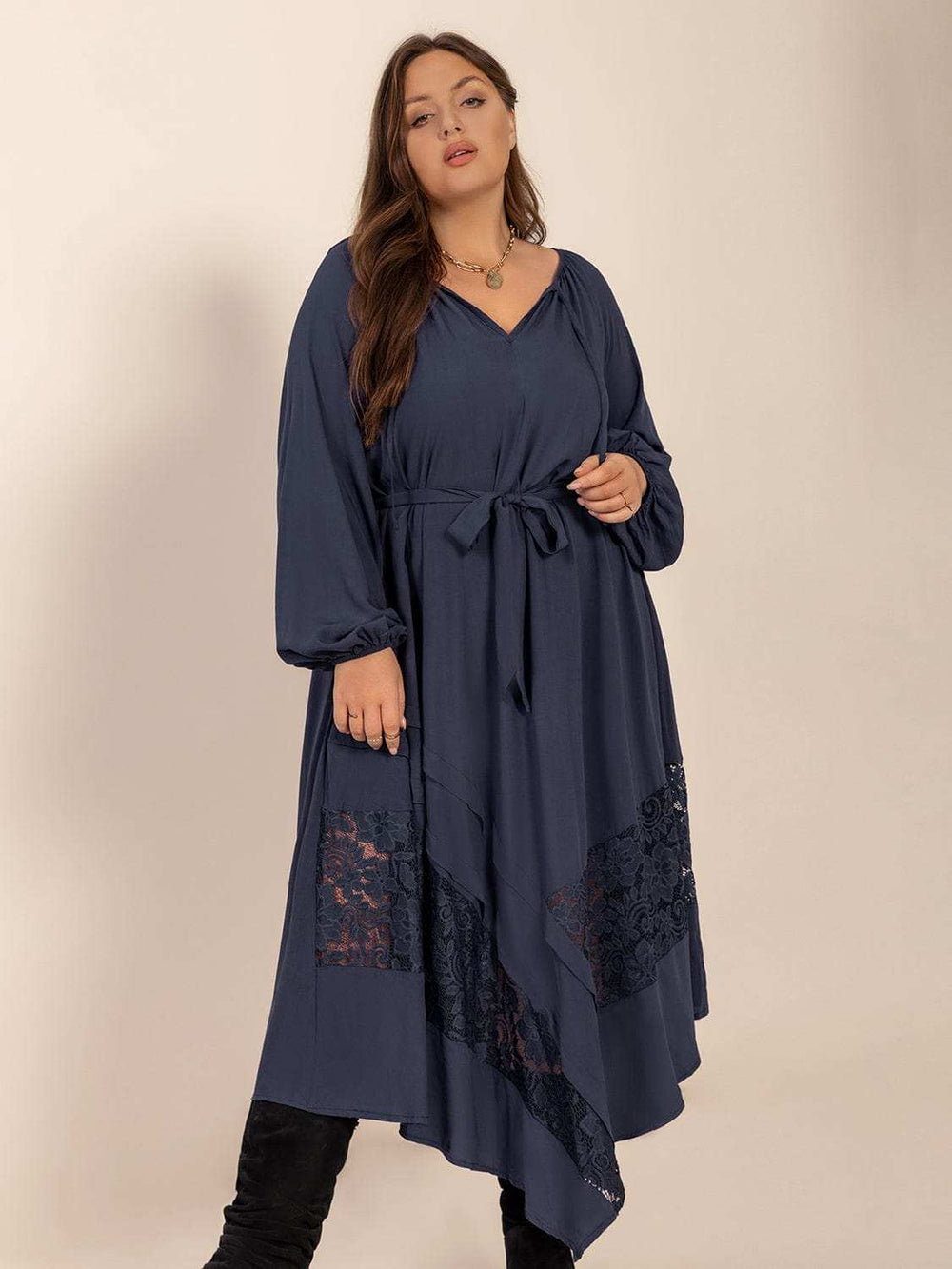 Plus Size Lace Detail Tie Neck Long Sleeve Midi Dress - Trendsi - Flyclothing LLC