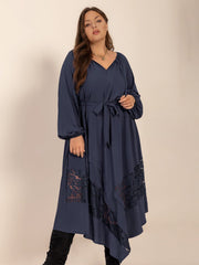 Plus Size Lace Detail Tie Neck Long Sleeve Midi Dress - Trendsi