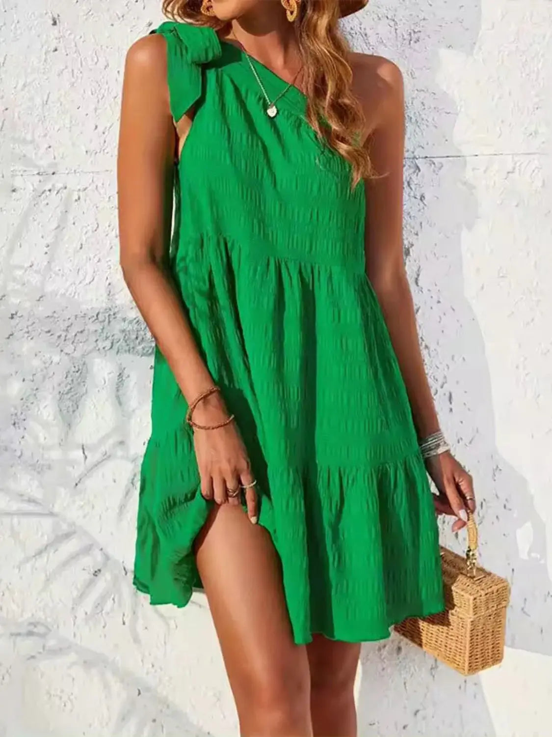 Textured Tied Single Shoulder Mini Dress - Trendsi - Flyclothing LLC