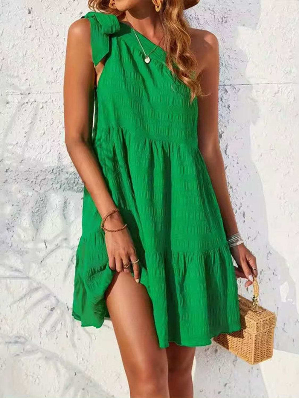 Textured Tied Single Shoulder Mini Dress - Trendsi - Flyclothing LLC