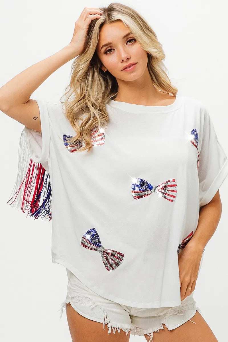 BiBi American Flag Sequin Ribbon T-Shirt - Trendsi - Flyclothing LLC