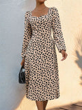 Tied Slit Printed Long Sleeve Midi Dress - Trendsi
