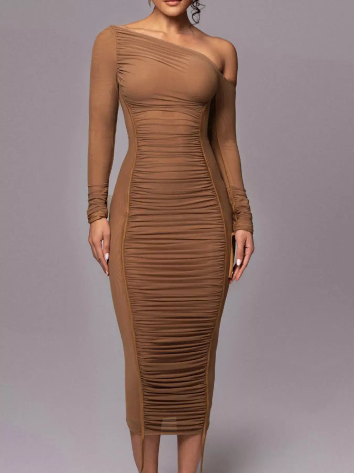 One-Shoulder Ruched Bodycon Midi Dress - Trendsi - Flyclothing LLC