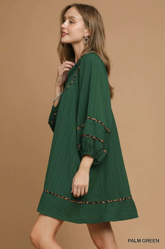 Umgee Textured Babydoll Dress with Leopard Trim - Trendsi - Flyclothing LLC