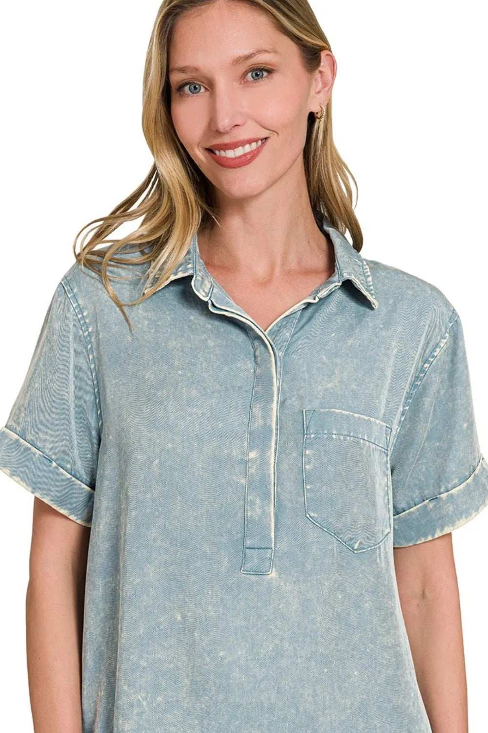 Zenana Tencel Mineral Washed Collared Shirts Dress - Trendsi - Flyclothing LLC