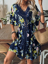 Crochet Front V-Neck Printed Cover-Up - Trendsi - Flyclothing LLC