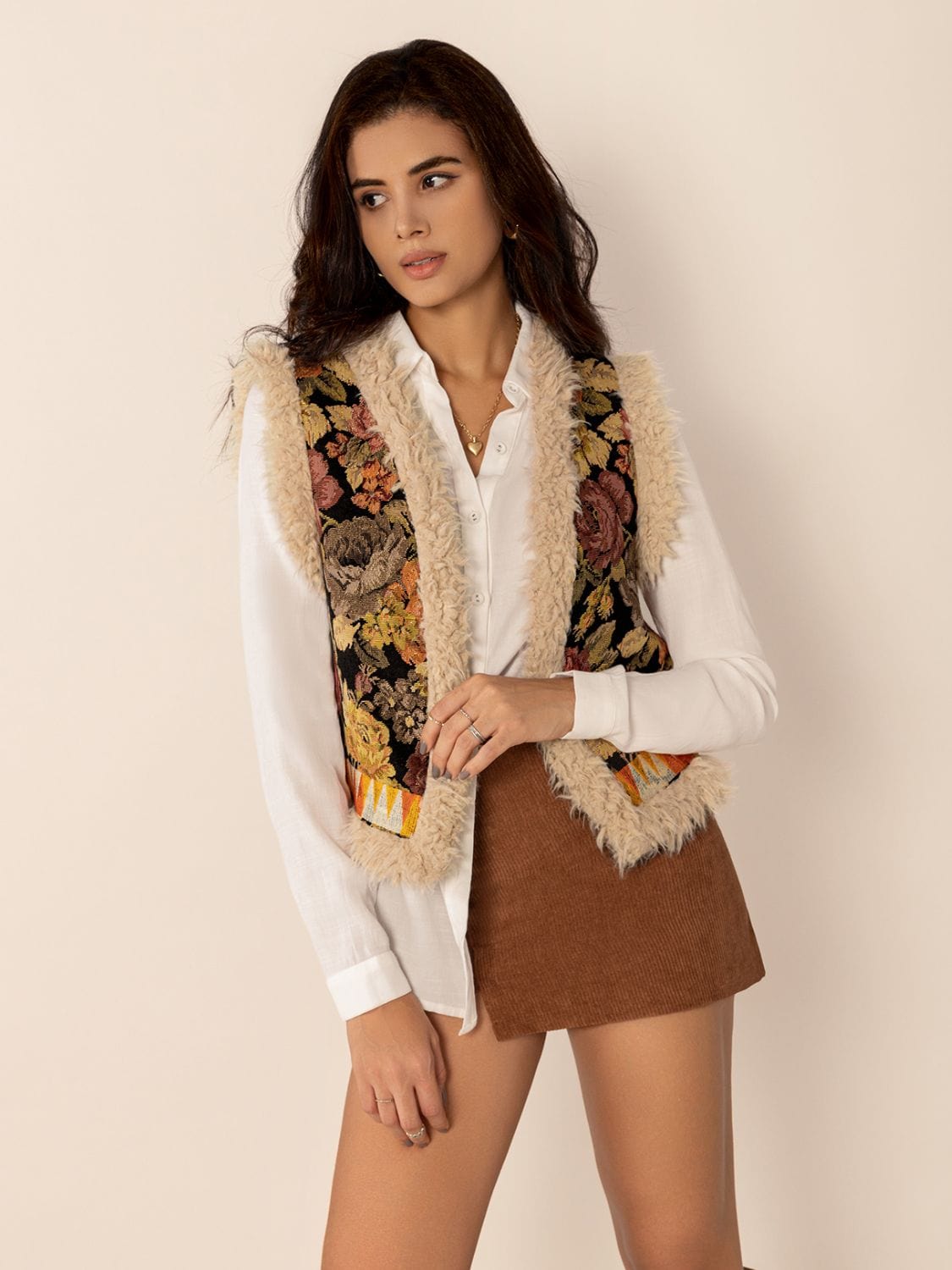 Embroidered Fuzzy Trim Open Front Vest Coat - Trendsi