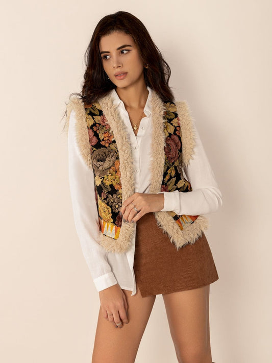 Embroidered Fuzzy Trim Open Front Vest Coat - Trendsi