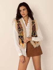 Embroidered Fuzzy Trim Open Front Vest Coat - Trendsi