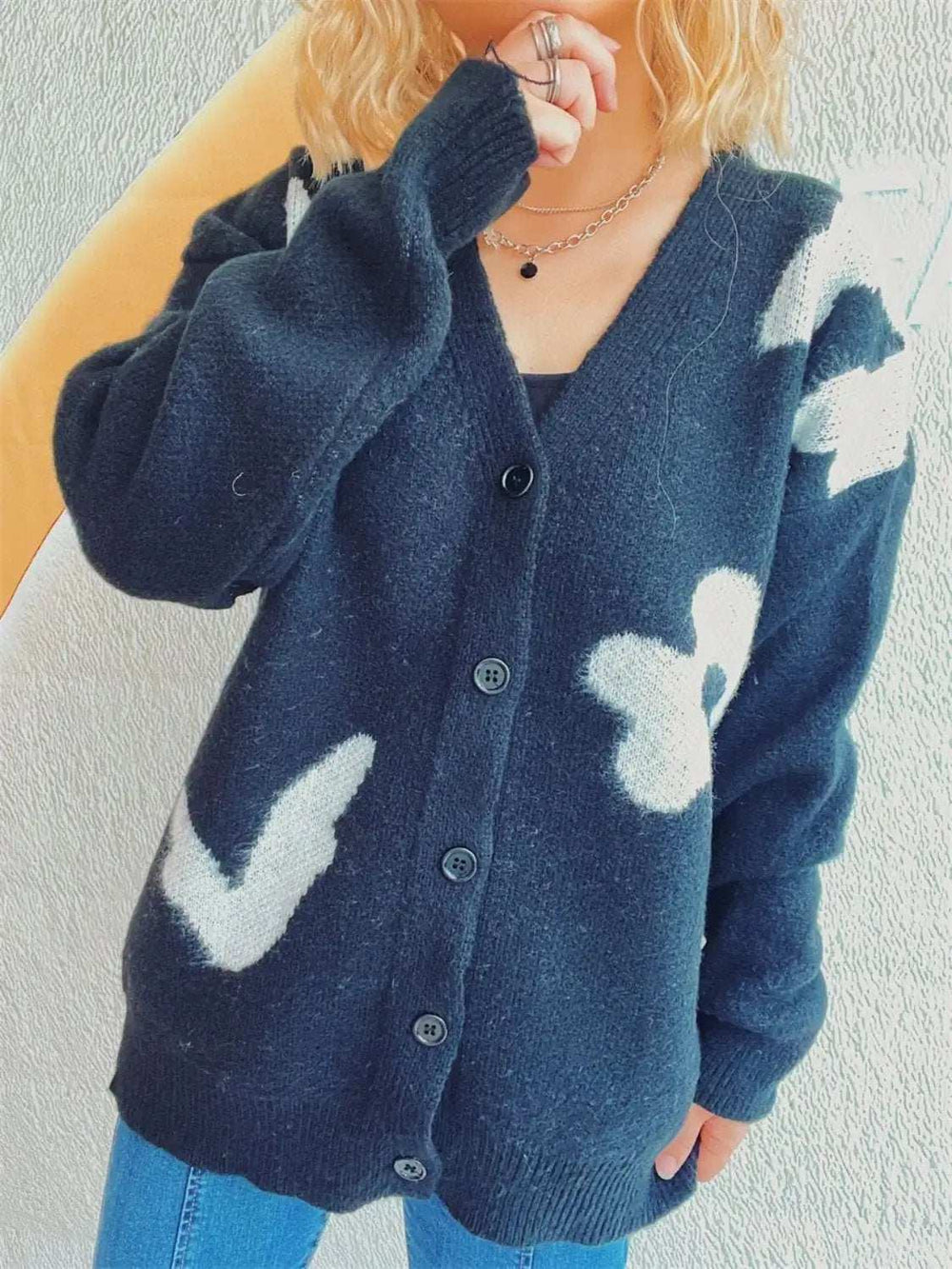 Flower Button Down V-Neck Long Sleeve Cardigan - Trendsi - Flyclothing LLC