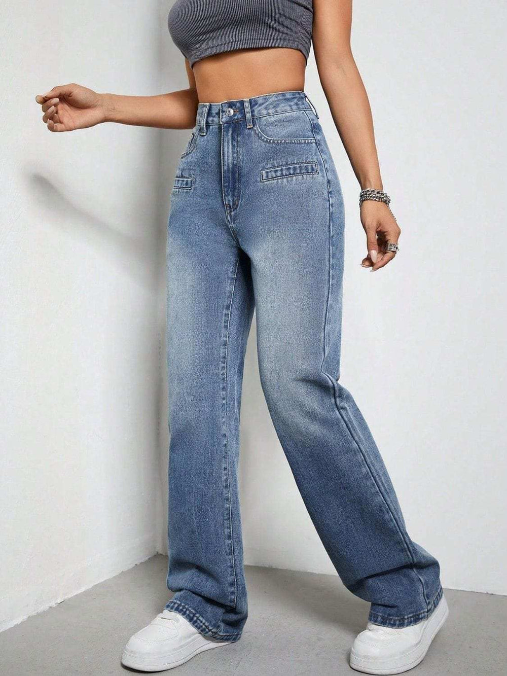 High Rise Wide Leg Jeans with Pockets - Trendsi - Flyclothing LLC