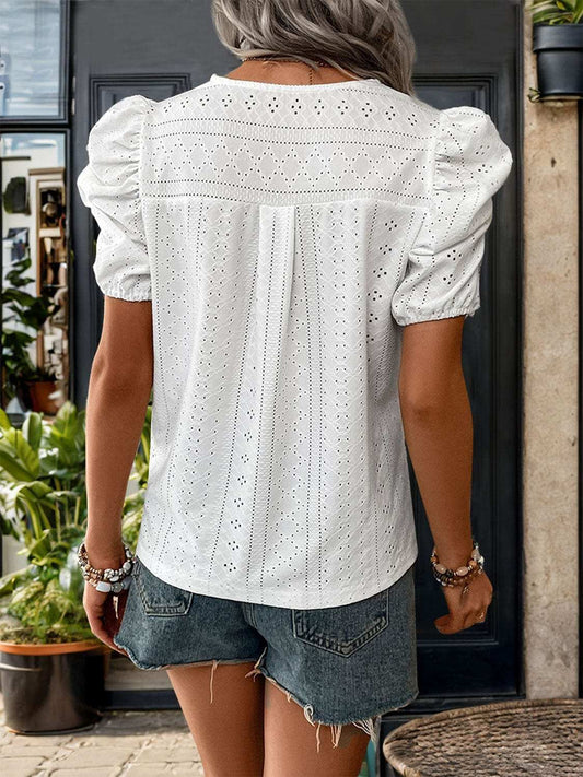 Lace Detail Eyelet V-Neck Short Sleeve Blouse - Trendsi - Flyclothing LLC