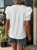 Lace Detail Eyelet V-Neck Short Sleeve Blouse - Trendsi