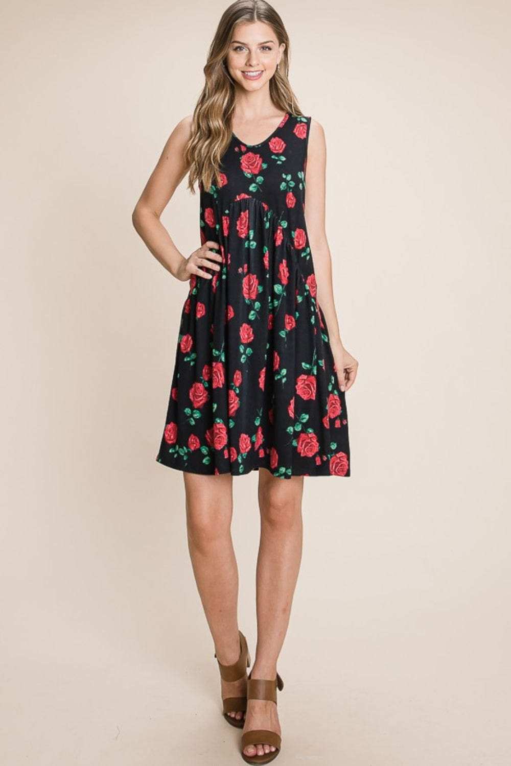 BOMBOM Floral Ruched Tank Dress - Trendsi - Flyclothing LLC
