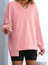 Notched Long Sleeve Oversized Sweatshirt - Trendsi - Flyclothing LLC