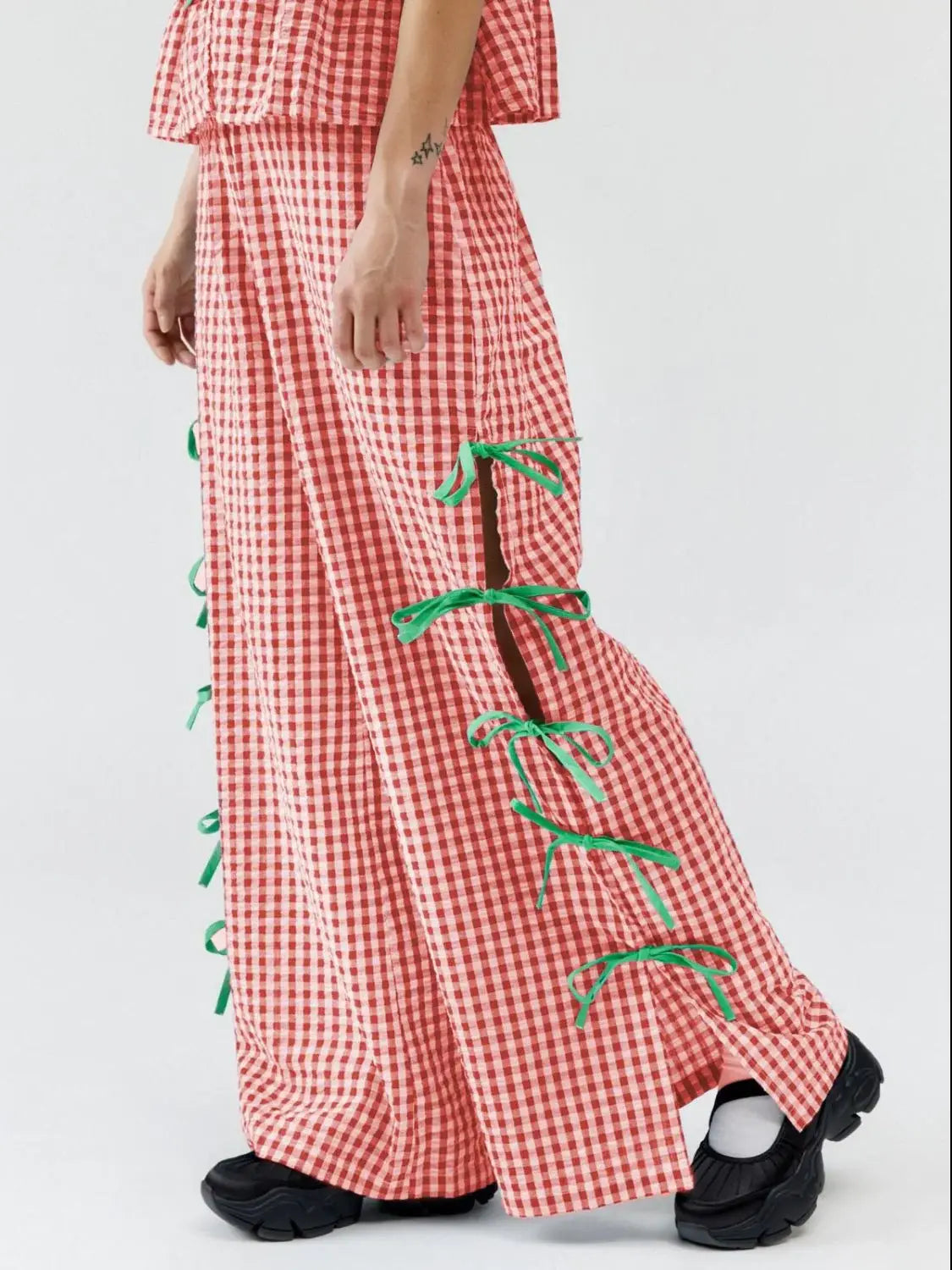 Side Tied Plaid Pants - Trendsi - Flyclothing LLC