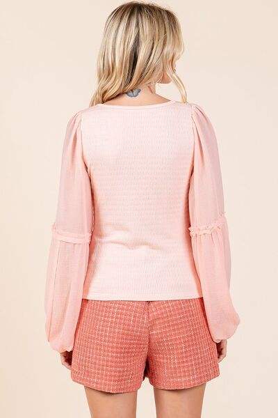 Mittoshop Mixed Media Textured Knit Chiffon Long Sleeve Top - Trendsi - Flyclothing LLC