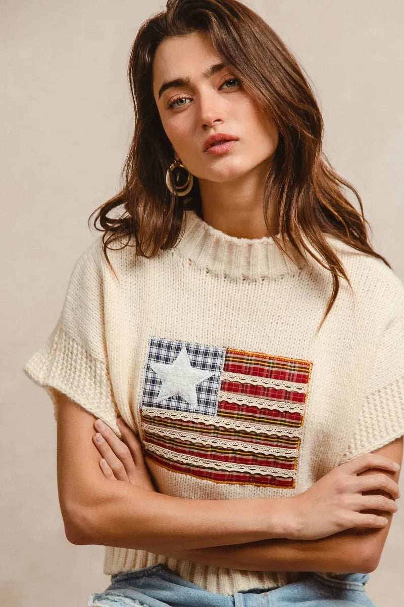BiBi American Flag Patchwork Drop Shoulder Sweater - Trendsi - Flyclothing LLC