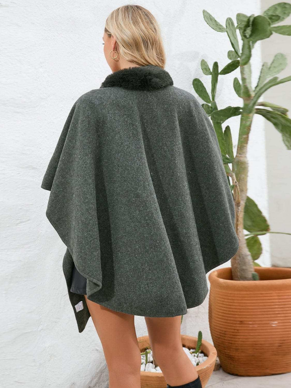 Fuzzy Trim Open Front Poncho - Trendsi - Flyclothing LLC