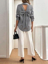 Cutout Bow Back Striped Collared Neck Long Sleeve Shirt - Trendsi - Flyclothing LLC