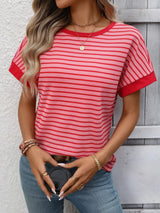 Striped Ribbed Knit Short Sleeve T-Shirt - Trendsi - Flyclothing LLC