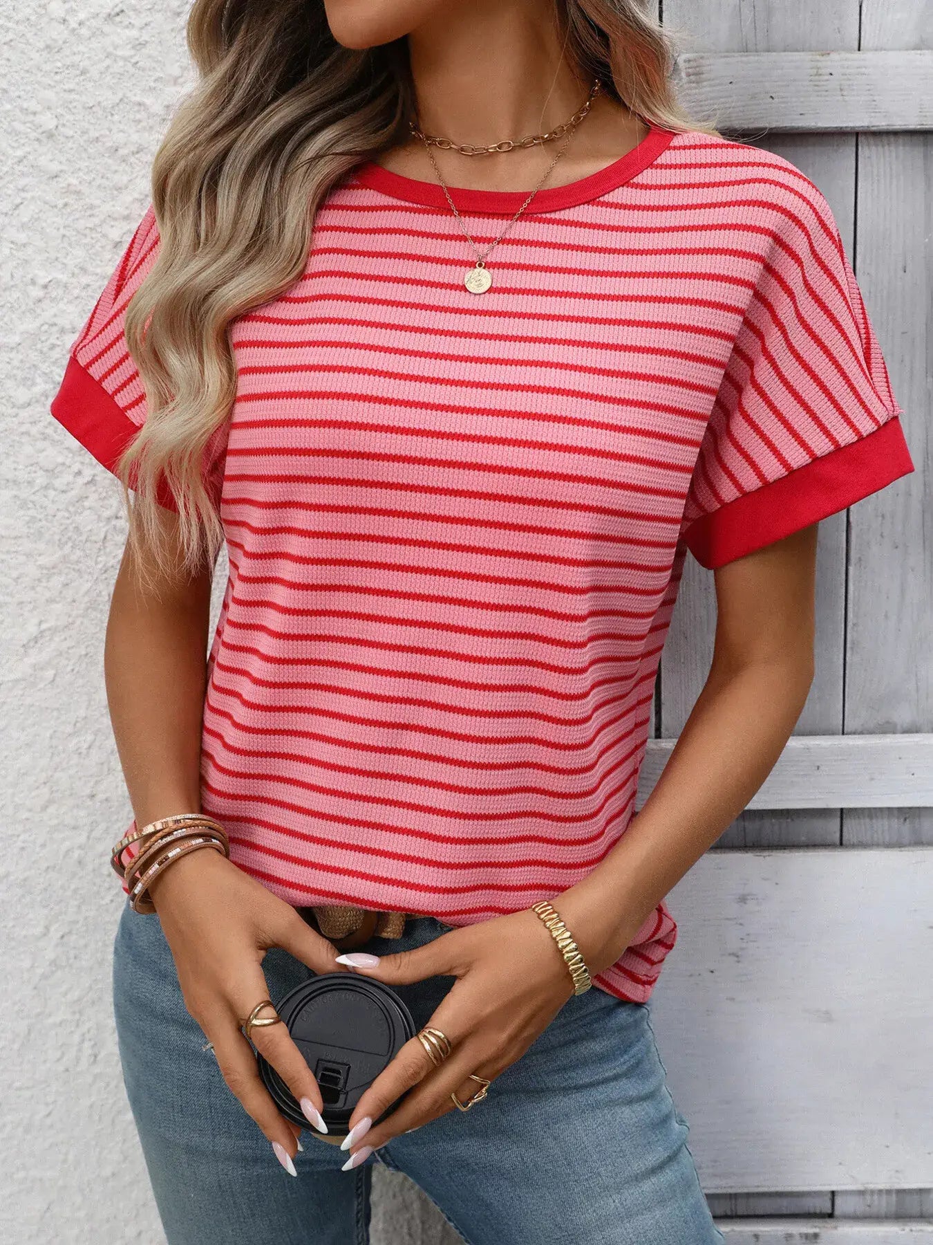 Striped Ribbed Knit Short Sleeve T-Shirt - Trendsi - Flyclothing LLC