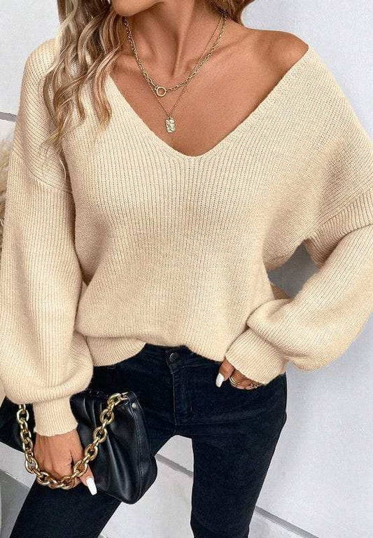 Tied Back V-Neck Long Sleeve Sweater - Trendsi - Flyclothing LLC