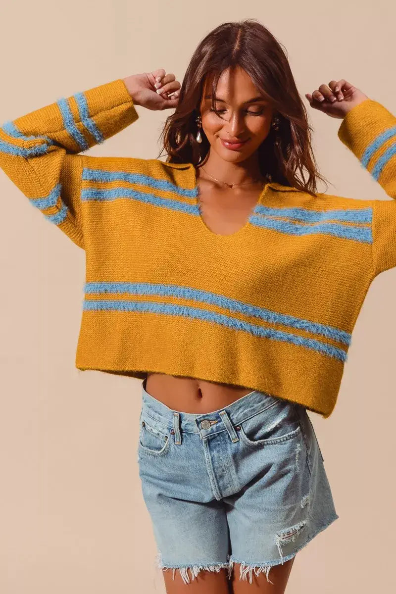 SO ME Fuzzy Hairy Stripe Deep U Neck Swetaer - Trendsi - Flyclothing LLC
