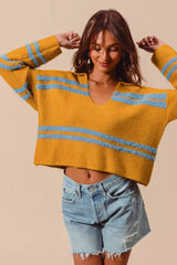SO ME Fuzzy Hairy Stripe Deep U Neck Swetaer - Trendsi - Flyclothing LLC
