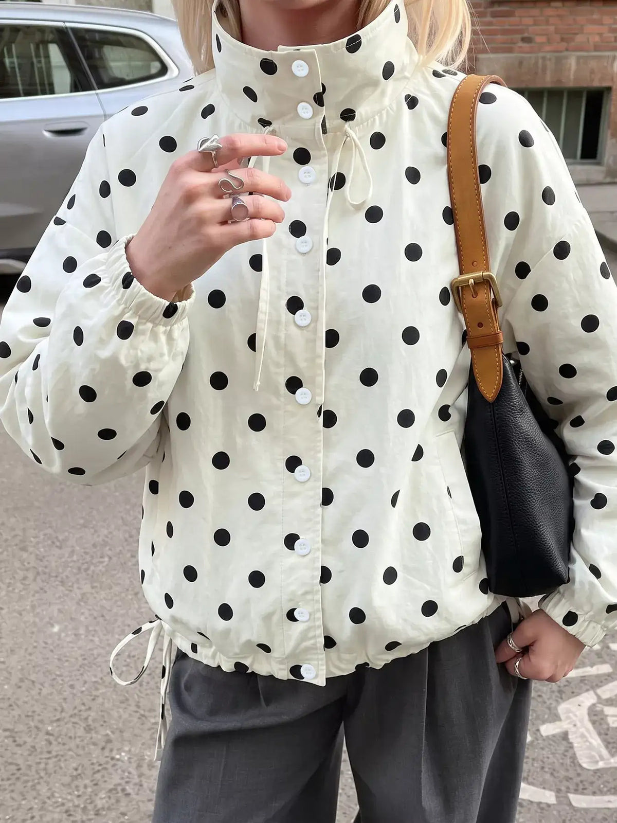 Polka Dot Stand-Collar Casual Jacket - Trendsi - Flyclothing LLC