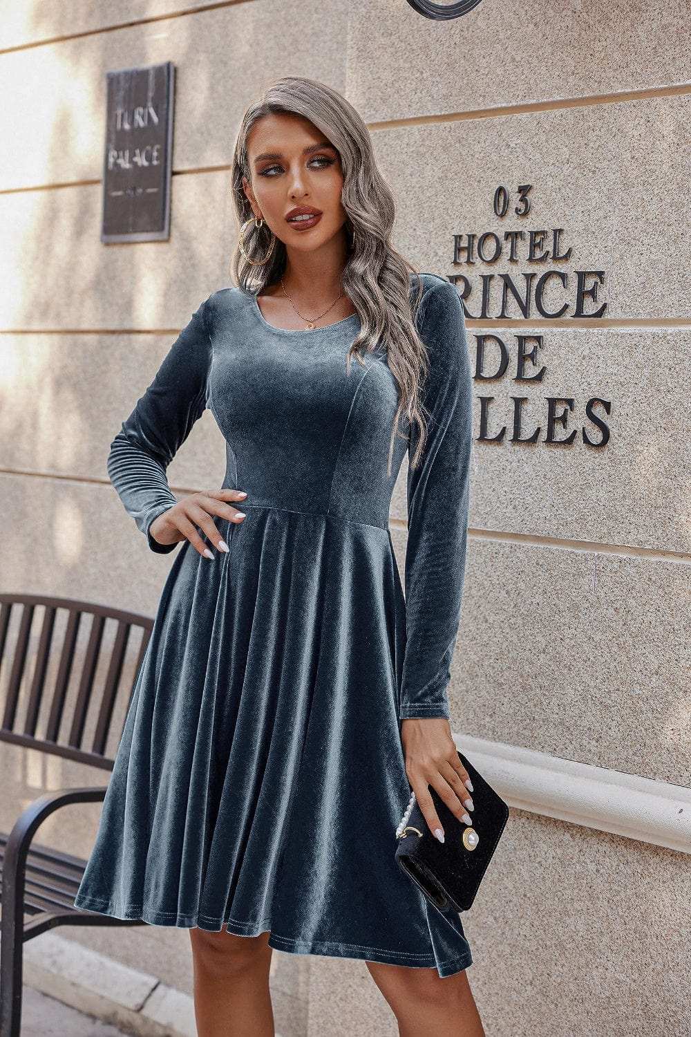 Round Neck Long Sleeve Knee Length Dress - Trendsi - Flyclothing LLC