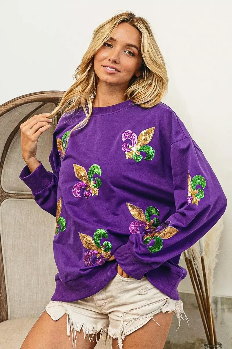 BiBi Fleur De Lis Sequin Patches Mardi Gras Sweatshirt - Trendsi - Flyclothing LLC