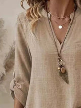 Casual V-Neck Roll-Sleeve T-Shirt with Pocket - Trendsi - Flyclothing LLC