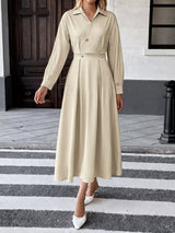 Pleated Button Detail Long Sleeve Shirt Dress - Trendsi - Flyclothing LLC