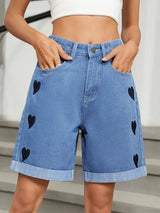Heart-Pattern Rolled Hem Denim Shorts - Trendsi - Flyclothing LLC