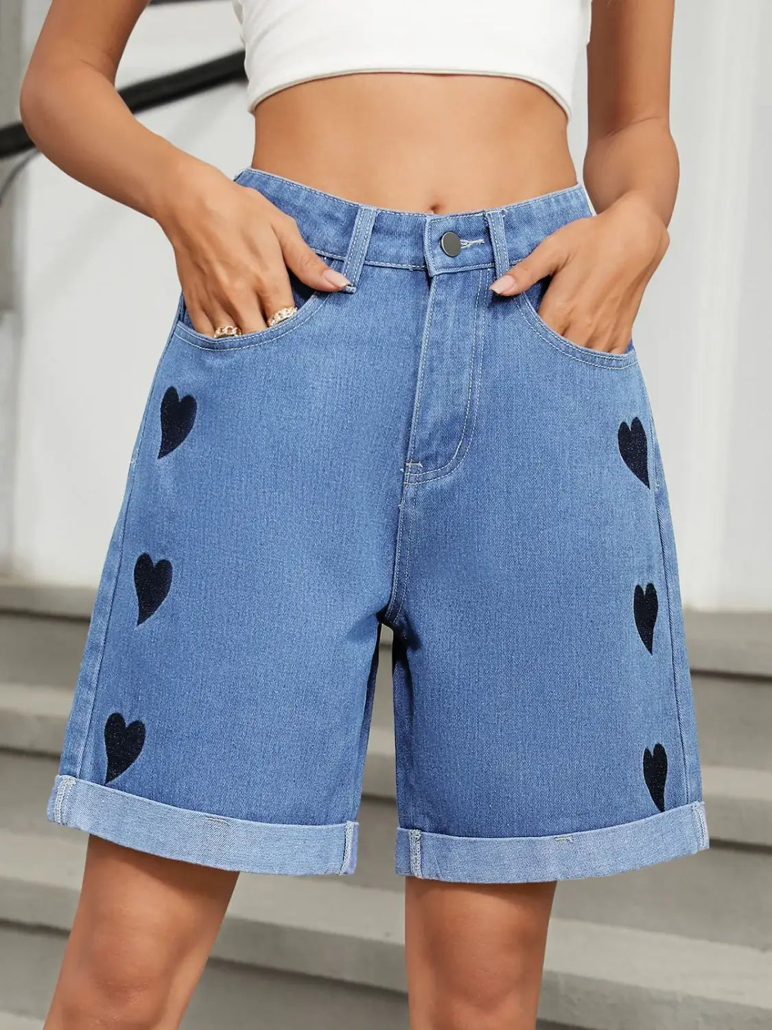 Heart-Pattern Rolled Hem Denim Shorts - Trendsi - Flyclothing LLC