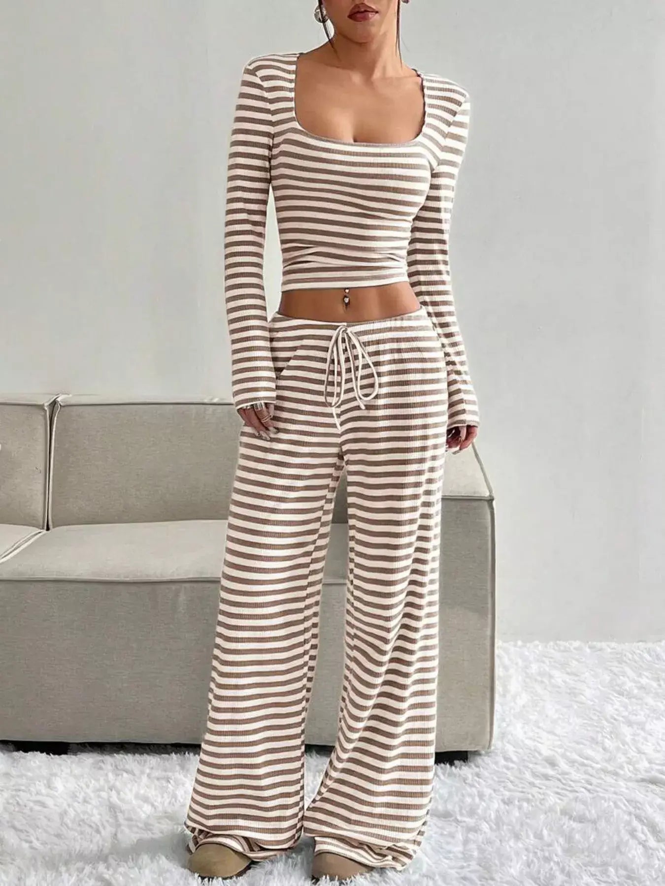 Striped Long Sleeve Crop Top and Wide Leg Pants Set - Trendsi - Flyclothing LLC