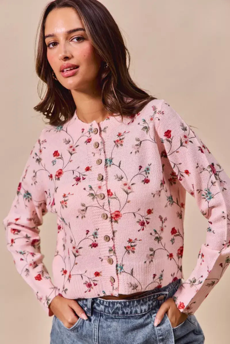 SO ME Floral Print Button Front Sweater Cardigan Top - Trendsi - Flyclothing LLC