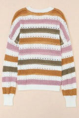 Striped Round Neck Hollowed Sweater - Trendsi - Flyclothing LLC