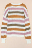 Striped Round Neck Hollowed Sweater - Trendsi - Flyclothing LLC