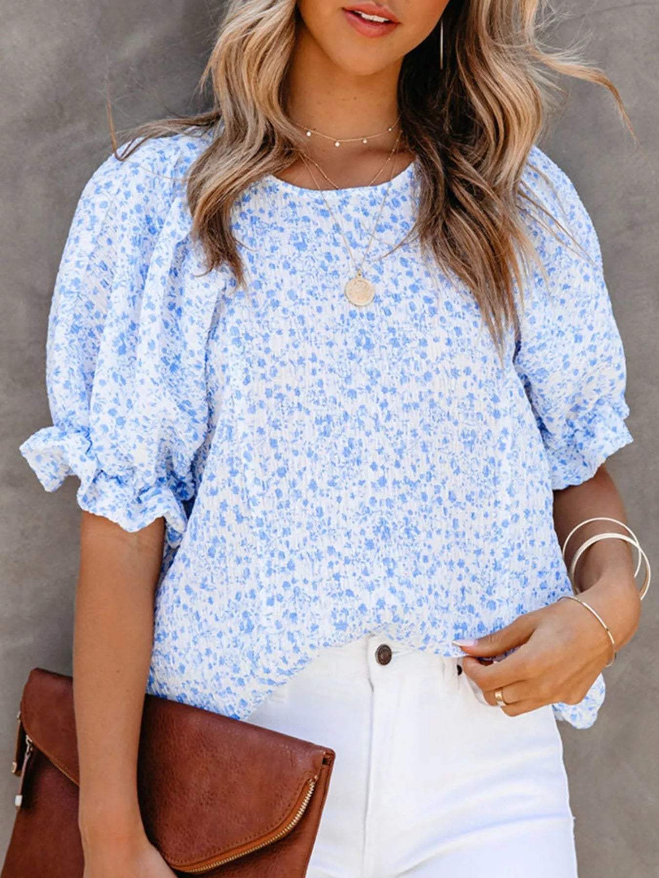 Full Size Floral Print Ruffle Sleeve Blouse Plus Size - Trendsi - Flyclothing LLC