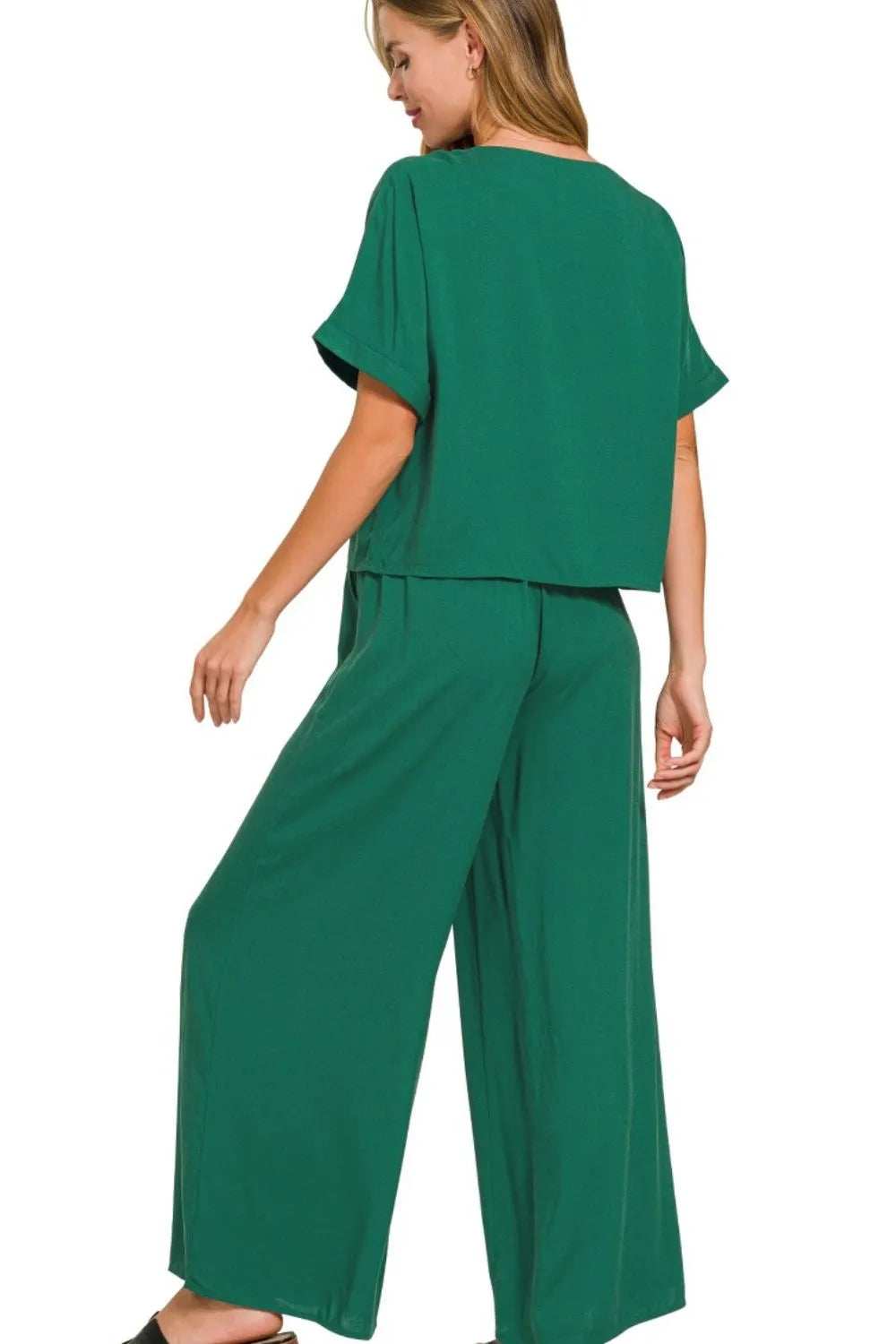 Zenana Round Neck T-Shirt and Wide Leg Pants Set - Trendsi - Flyclothing LLC