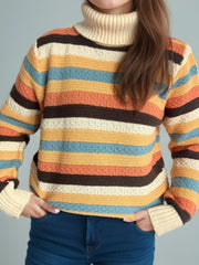 Contrast Stripes Turtleneck Long Sleeve Sweater - Trendsi