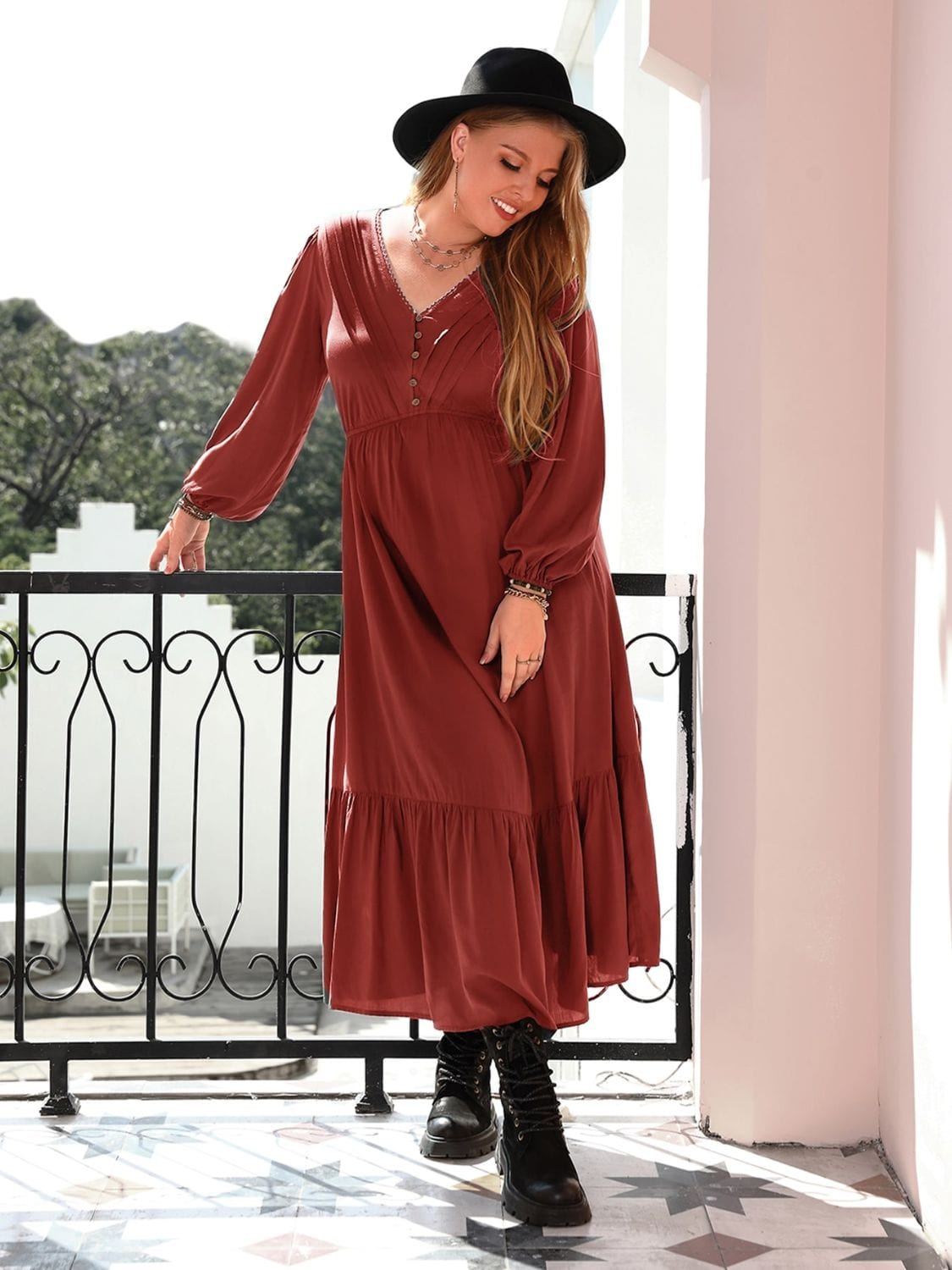Plus Size Quarter Button V-Neck Long Sleeve Dress - Trendsi