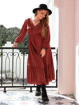 Plus Size Quarter Button V-Neck Long Sleeve Dress - Trendsi - Flyclothing LLC