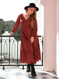 Plus Size Quarter Button V-Neck Long Sleeve Dress - Trendsi - Flyclothing LLC